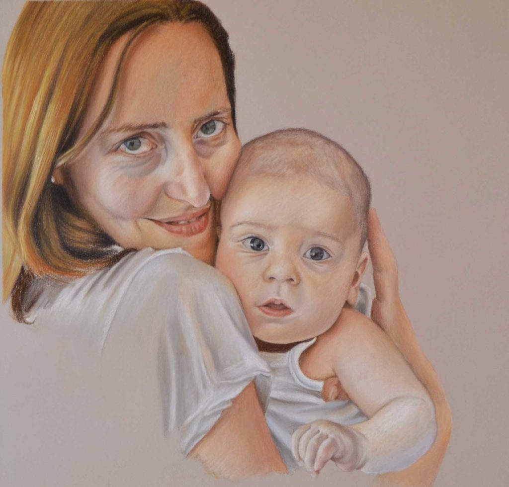 retrato pastel madre con bebe